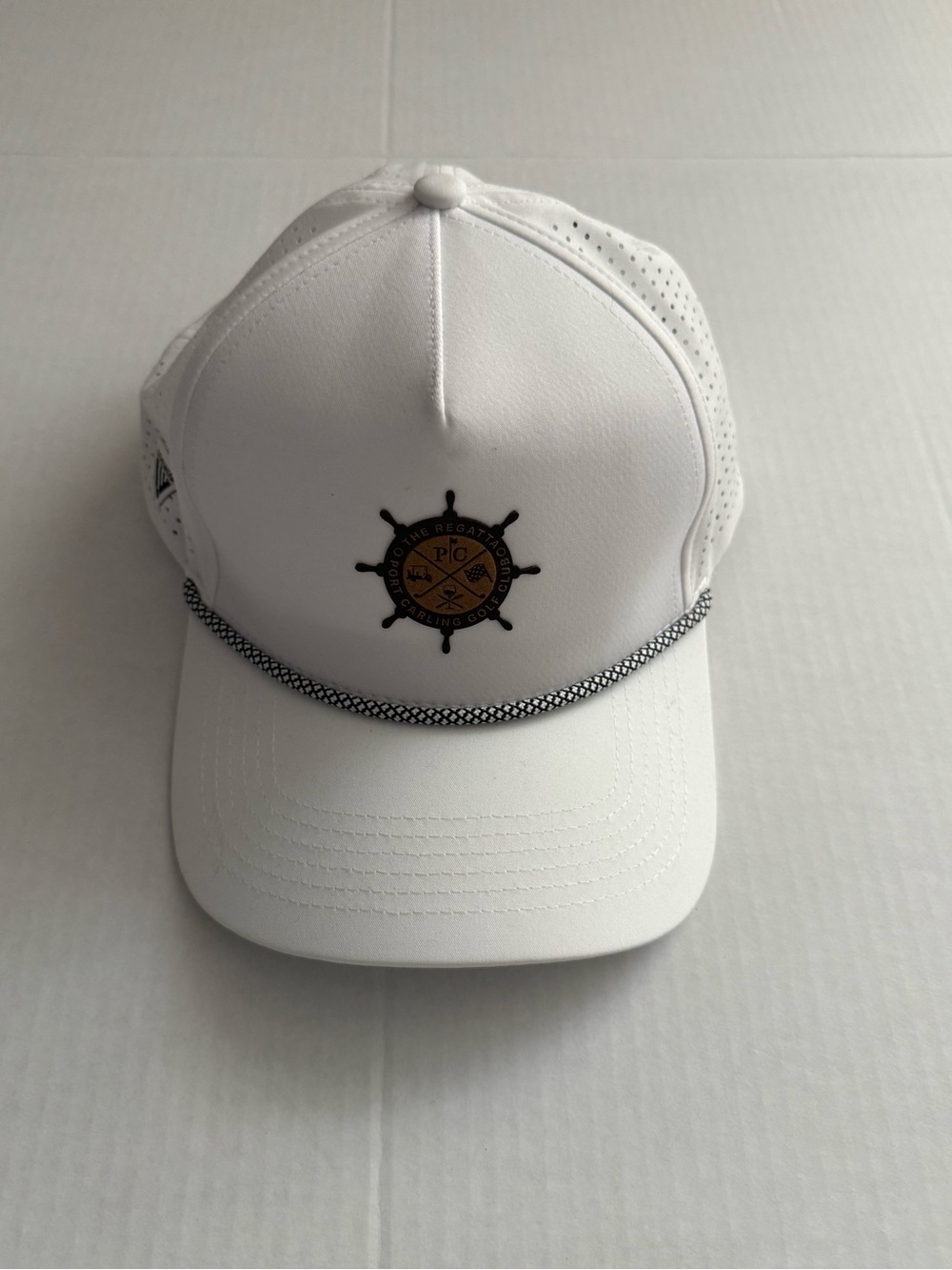 White Rope-Detail Trucker Cap with Nautical Wheel Patch